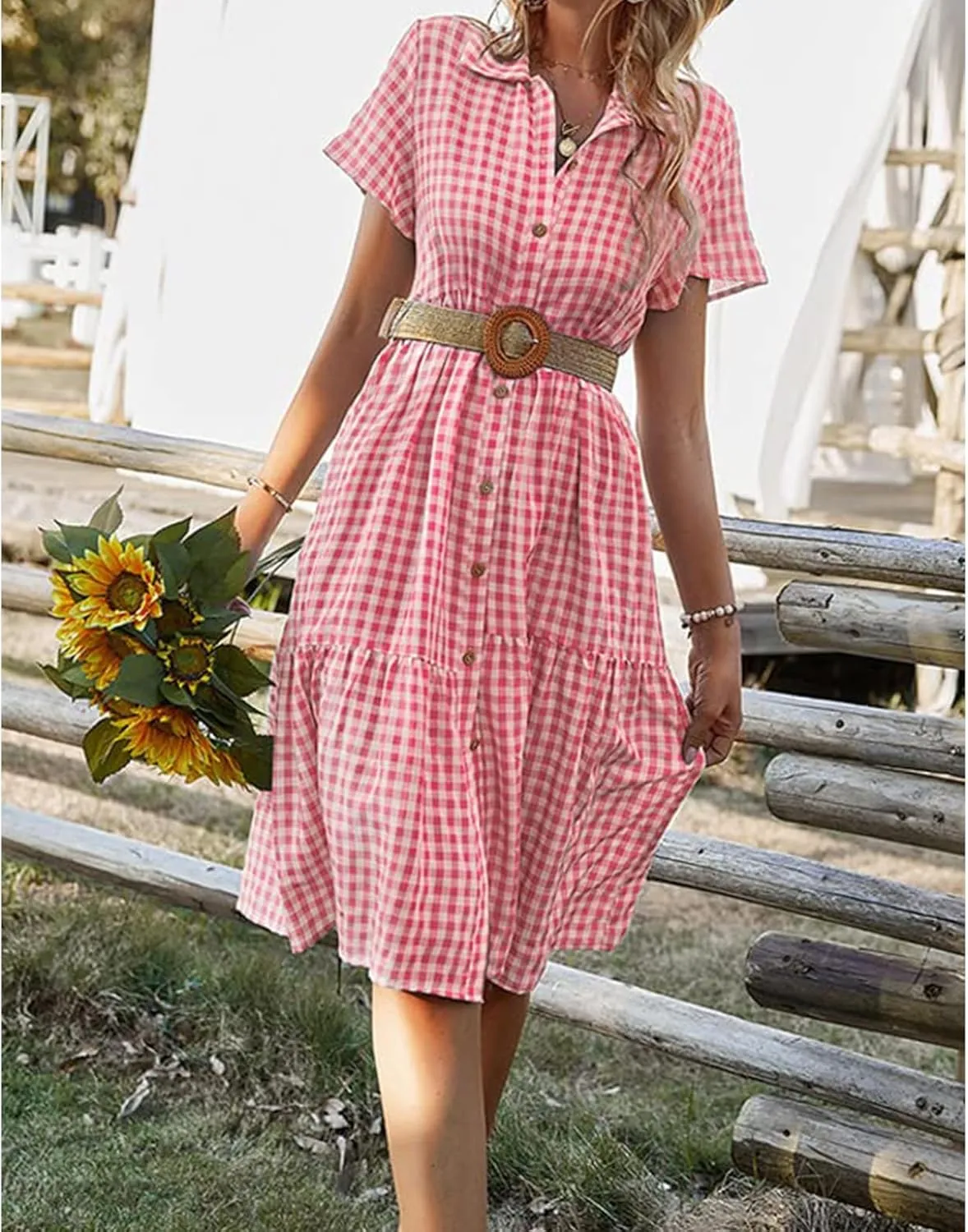Women's Plaid Dress Summer Causal Comfy Pleated Skirts Shirt Collar Button Short-Sleeved Business Loose midi Dresses