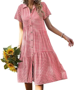 Women's Plaid Dress Summer Causal Comfy Pleated Skirts Shirt Collar Button Short-Sleeved Business Loose midi Dresses