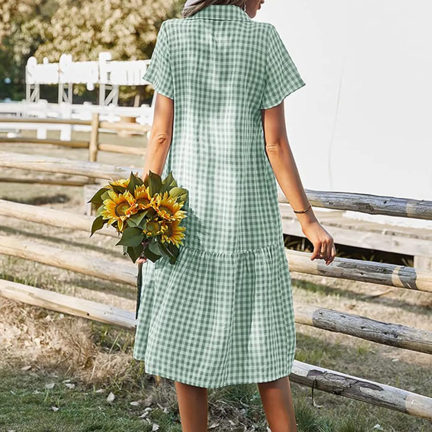 Women's Plaid Dress Summer Causal Comfy Pleated Skirts Shirt Collar Button Short-Sleeved Business Loose midi Dresses