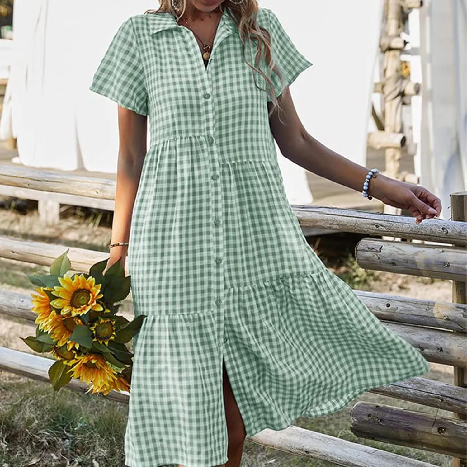 Women's Plaid Dress Summer Causal Comfy Pleated Skirts Shirt Collar Button Short-Sleeved Business Loose midi Dresses