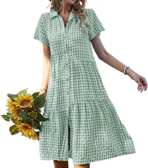 Women's Plaid Dress Summer Causal Comfy Pleated Skirts Shirt Collar Button Short-Sleeved Business Loose midi Dresses