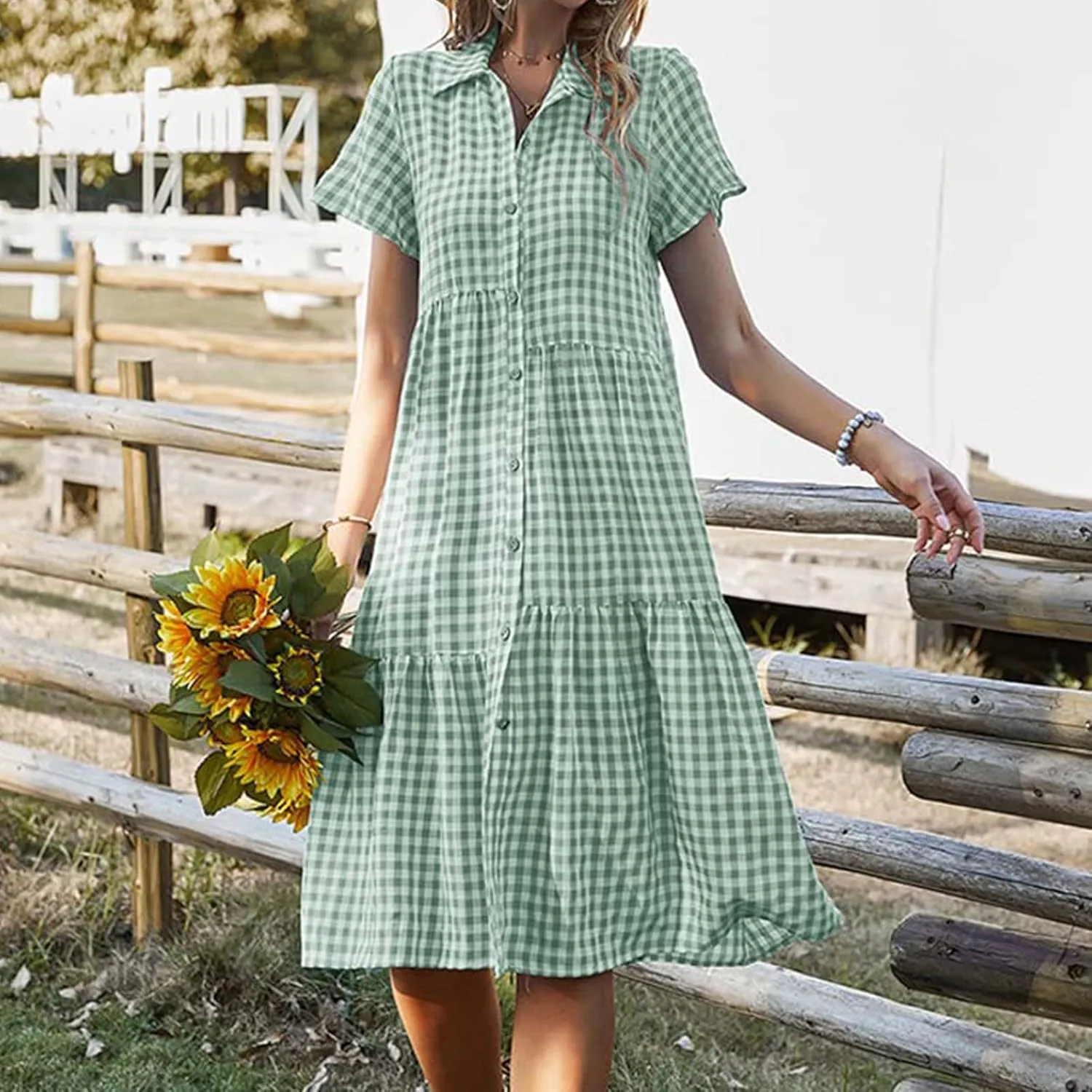 Women's Plaid Dress Summer Causal Comfy Pleated Skirts Shirt Collar Button Short-Sleeved Business Loose midi Dresses