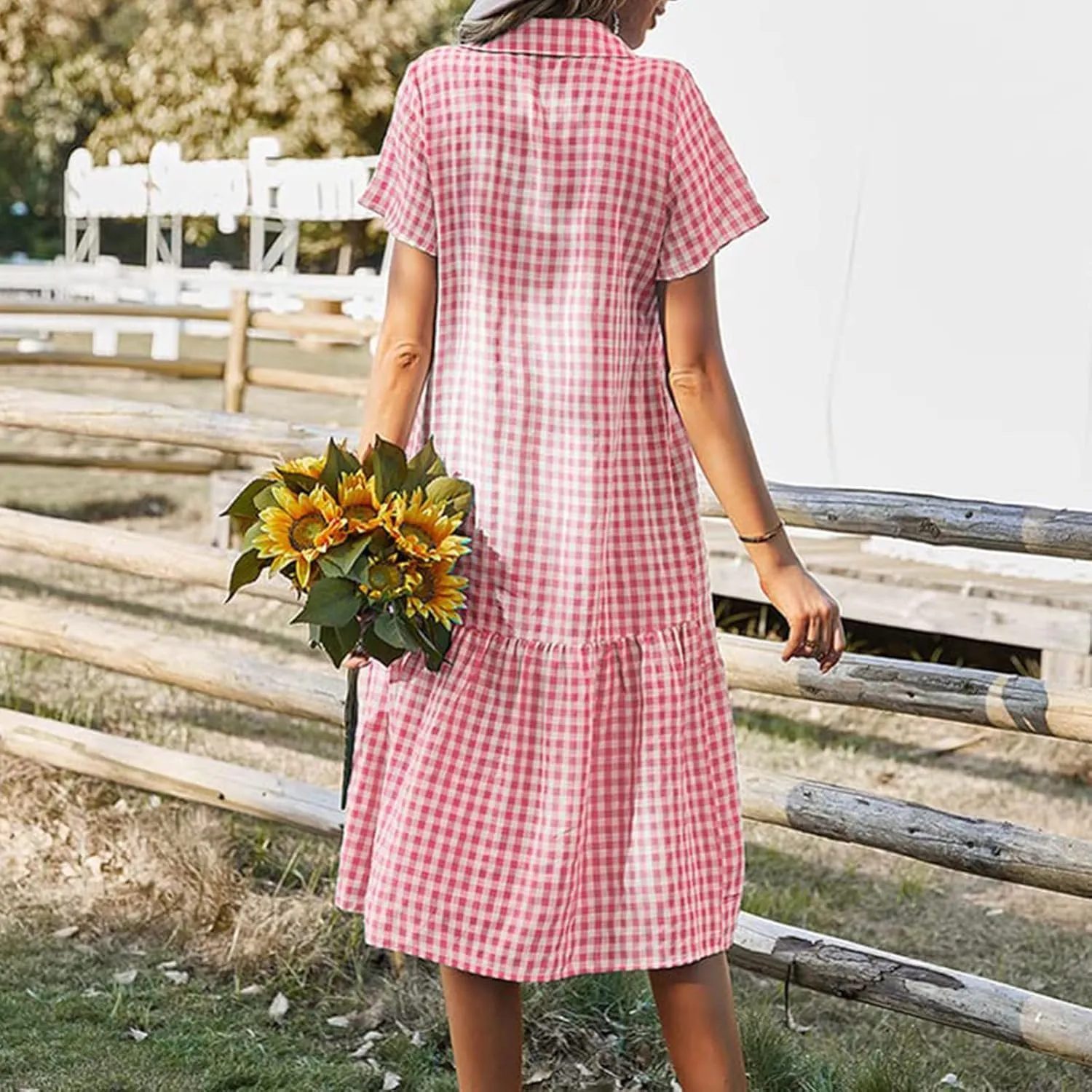 Women's Plaid Dress Summer Causal Comfy Pleated Skirts Shirt Collar Button Short-Sleeved Business Loose midi Dresses