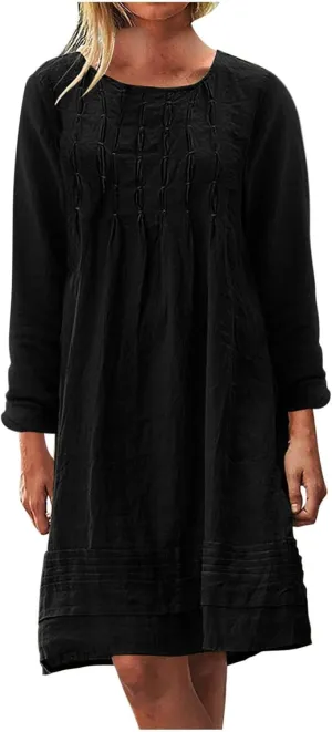 Women's Plain Cotton Linen Dresses Long Sleeve Knee-Length Peasant Dress Boho Plus Size Loose Fit Pleated Midi Dress