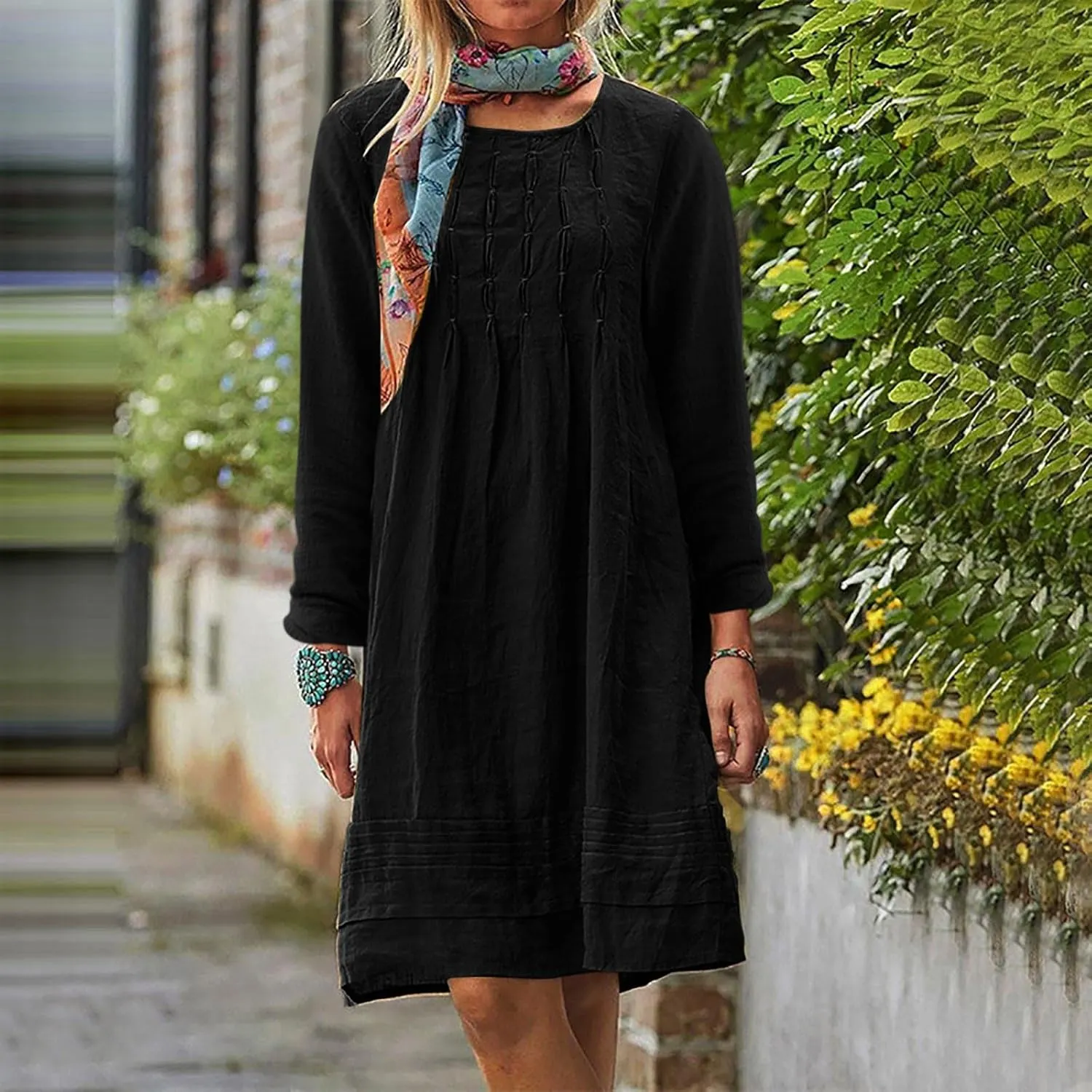 Women's Plain Cotton Linen Dresses Long Sleeve Knee-Length Peasant Dress Boho Plus Size Loose Fit Pleated Midi Dress