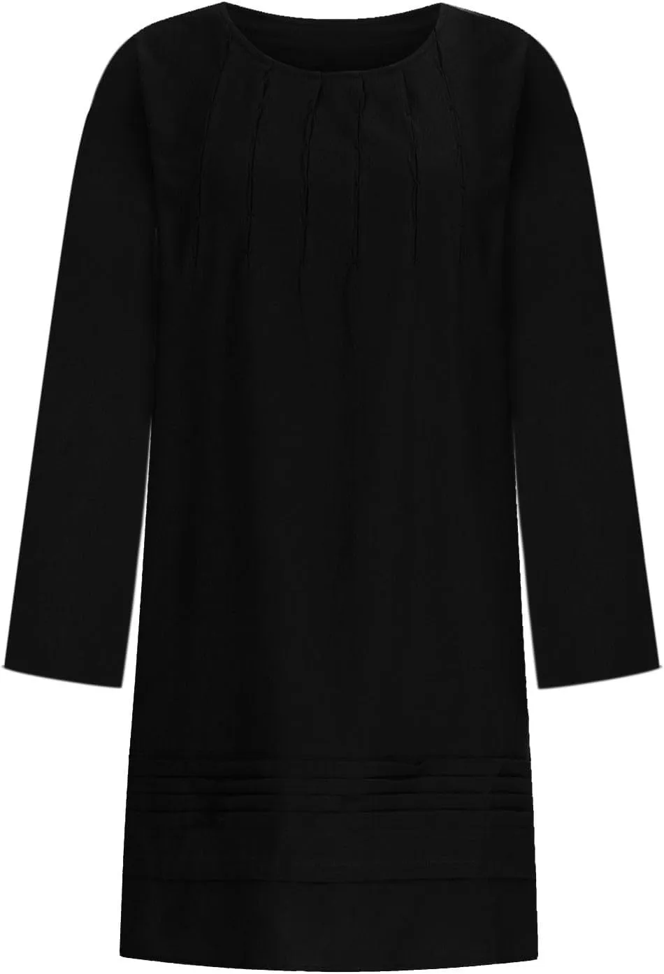 Women's Plain Cotton Linen Dresses Long Sleeve Knee-Length Peasant Dress Boho Plus Size Loose Fit Pleated Midi Dress