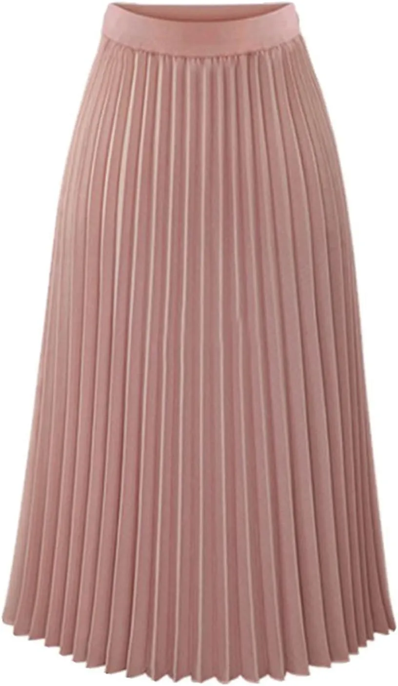 Womens Pleated Midi Skirt High Waist Swing Boho Pleated Skirt Casual Chiffon Elastic A-line Long Skirts