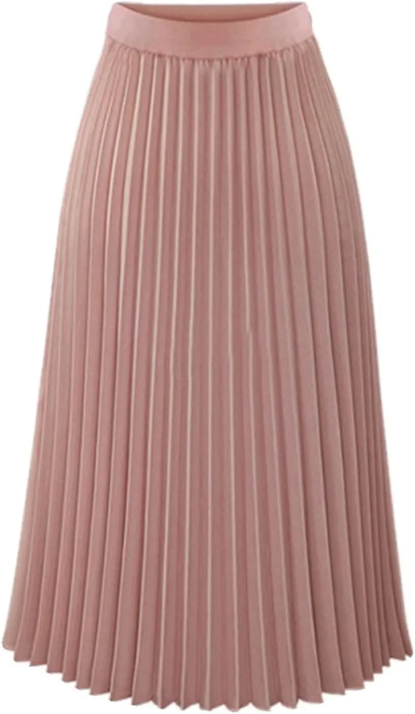 Womens Pleated Midi Skirt High Waist Swing Boho Pleated Skirt Casual Chiffon Elastic A-line Long Skirts