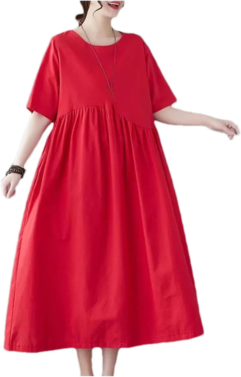 Women's Plus Size Casual Cotton Linen Dress Summer Tunic Casual Midi Dresses with Pockets