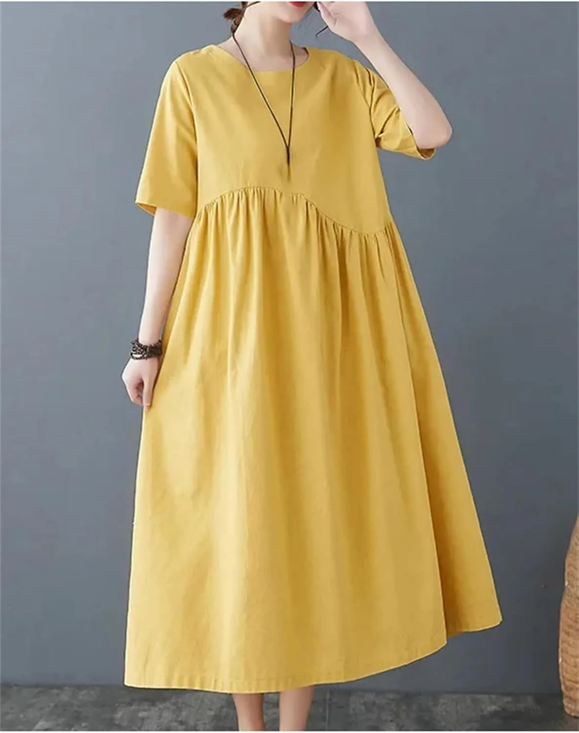 Women's Plus Size Casual Cotton Linen Dress Summer Tunic Casual Midi Dresses with Pockets