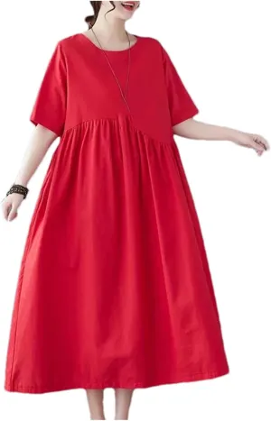 Women's Plus Size Casual Cotton Linen Dress Summer Tunic Casual Midi Dresses with Pockets