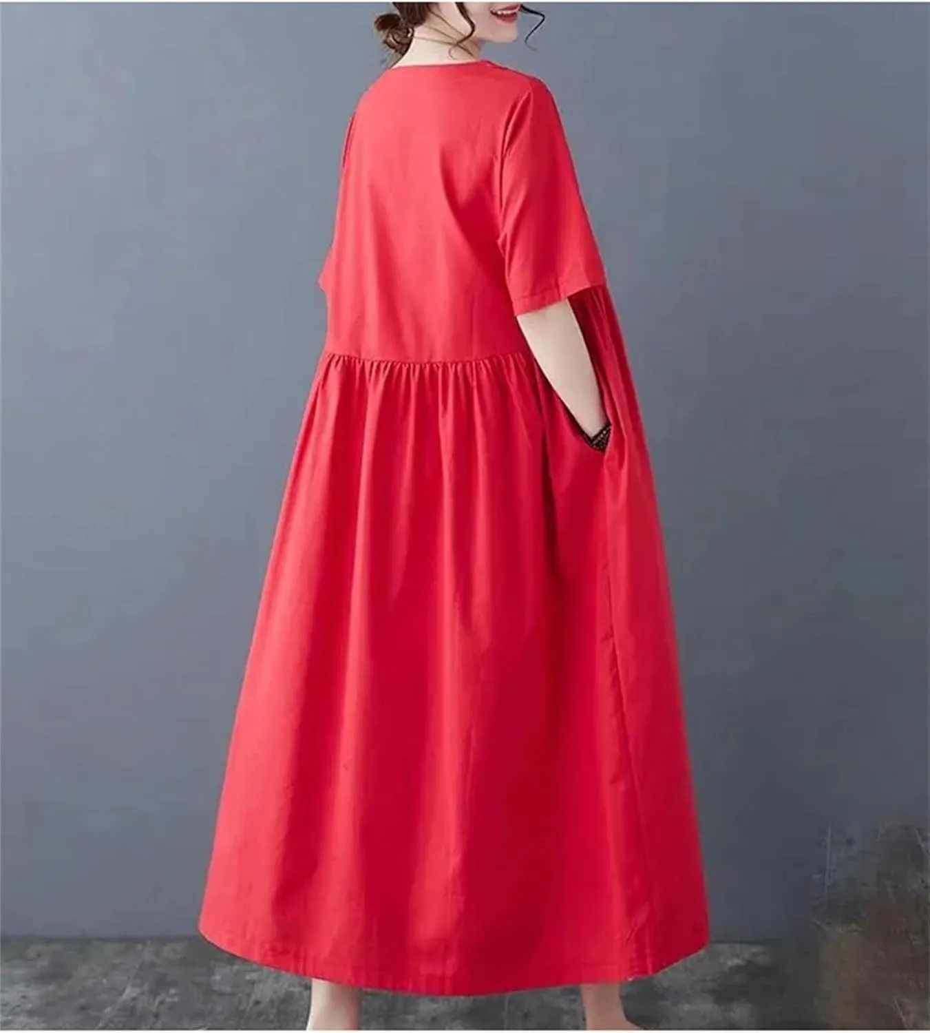 Women's Plus Size Casual Cotton Linen Dress Summer Tunic Casual Midi Dresses with Pockets