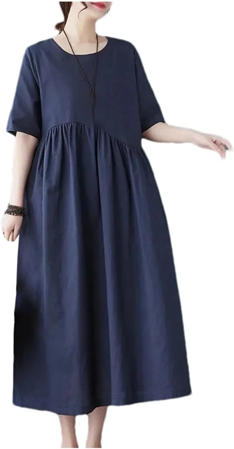 Women's Plus Size Casual Cotton Linen Dress Summer Tunic Casual Midi Dresses with Pockets