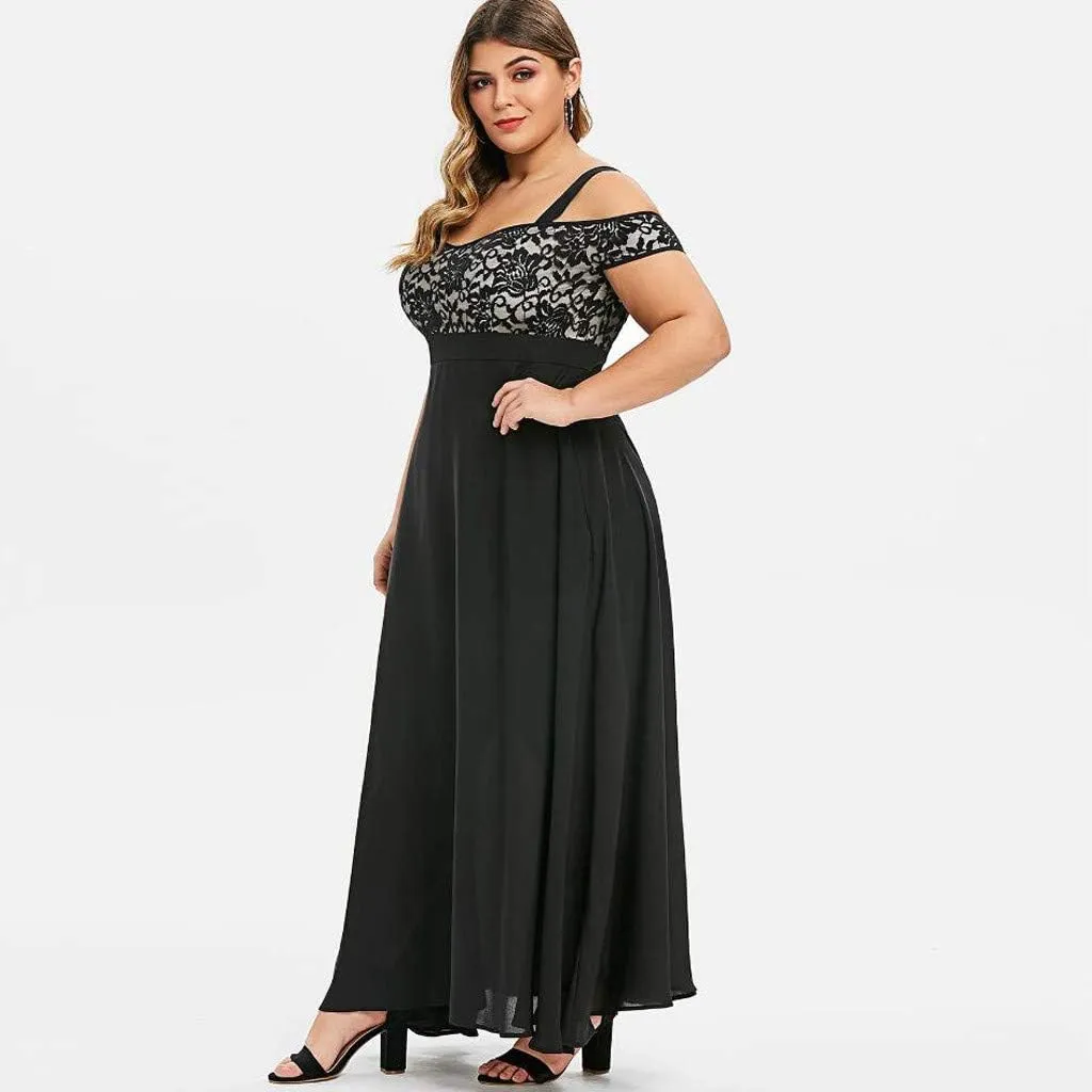 Women's Plus Size Cold Shoulder Maxi Dress Elegant Floral Lace Flowy Casual Daily Party Cocktail Dress Long Dresses