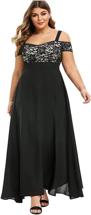 Women's Plus Size Cold Shoulder Maxi Dress Elegant Floral Lace Flowy Casual Daily Party Cocktail Dress Long Dresses