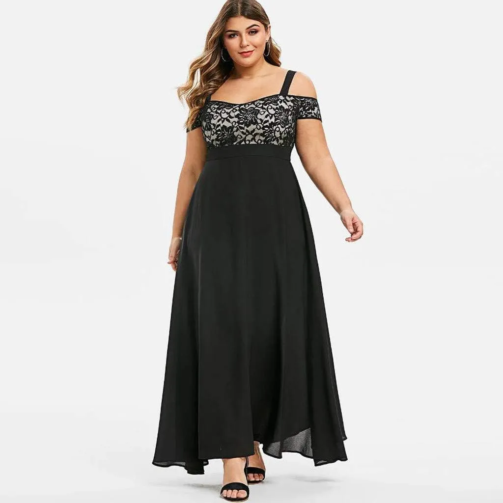 Women's Plus Size Cold Shoulder Maxi Dress Elegant Floral Lace Flowy Casual Daily Party Cocktail Dress Long Dresses
