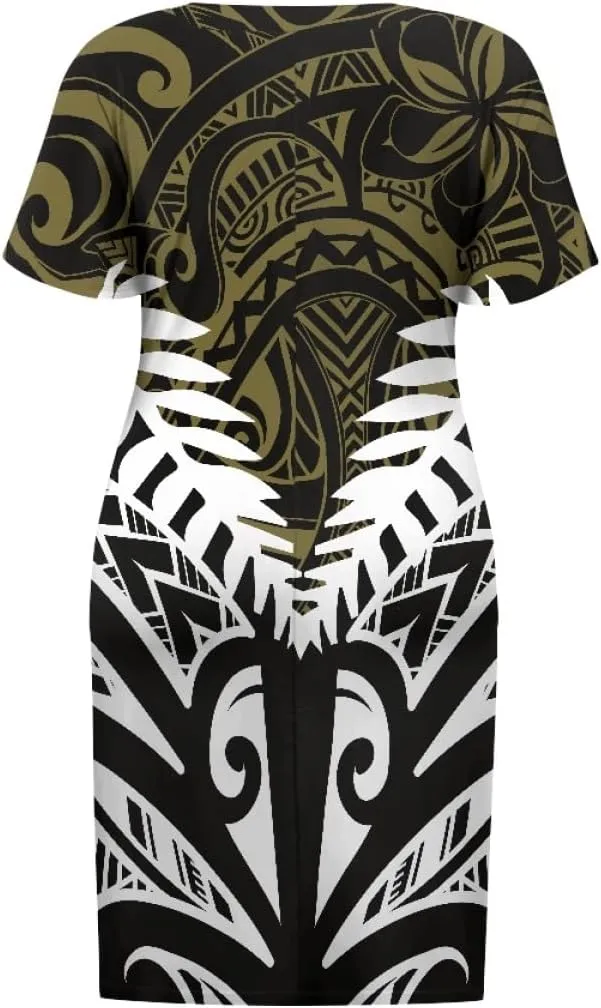Womens Plus Size Polynesian American Samoa Dress V Neck Short Sleeve Loose Fit Dresses
