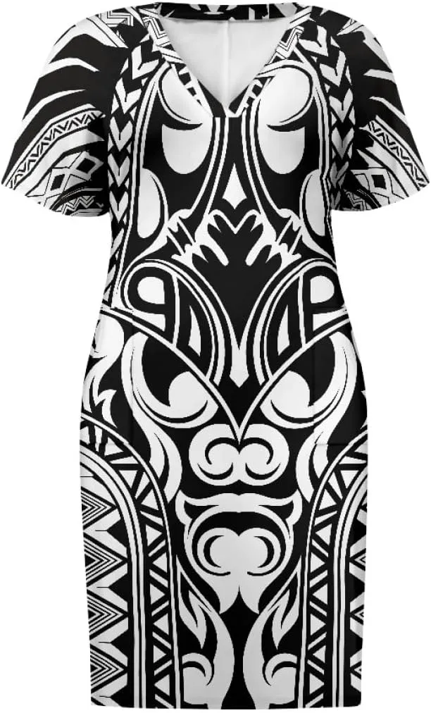 Womens Plus Size Polynesian American Samoa Dress V Neck Short Sleeve Loose Fit Dresses