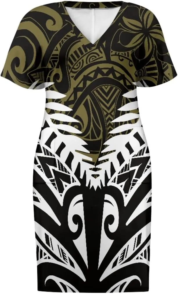 Womens Plus Size Polynesian American Samoa Dress V Neck Short Sleeve Loose Fit Dresses