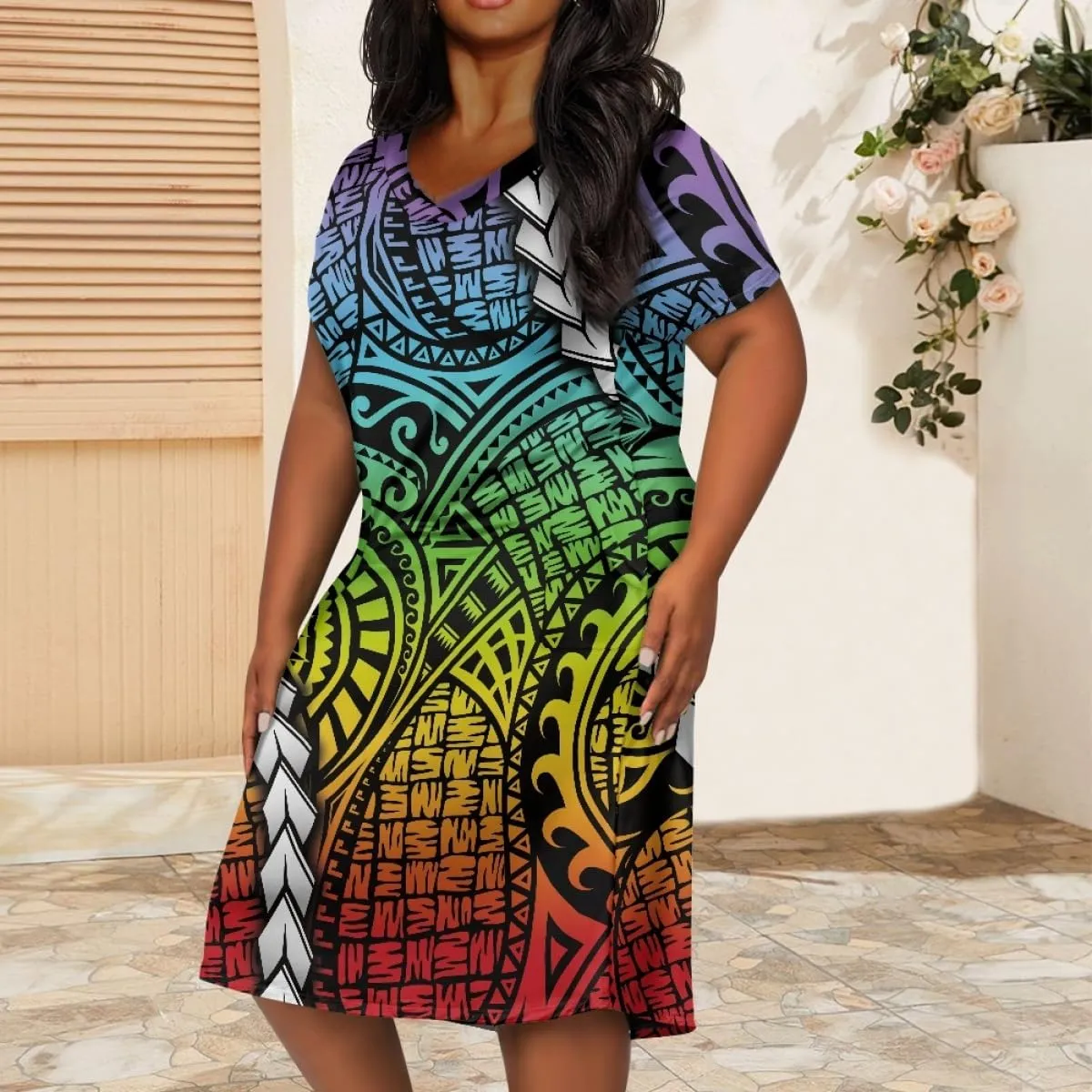 Womens Plus Size Polynesian American Samoa Dress V Neck Short Sleeve Loose Fit Dresses