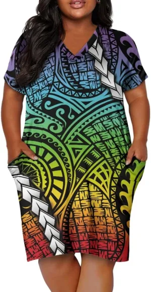 Womens Plus Size Polynesian American Samoa Dress V Neck Short Sleeve Loose Fit Dresses