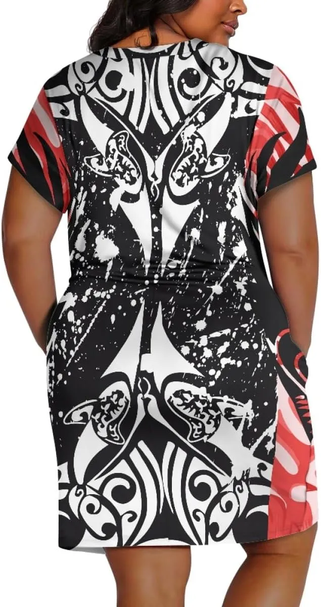 Womens Plus Size Polynesian American Samoa Dress V Neck Short Sleeve Loose Fit Dresses