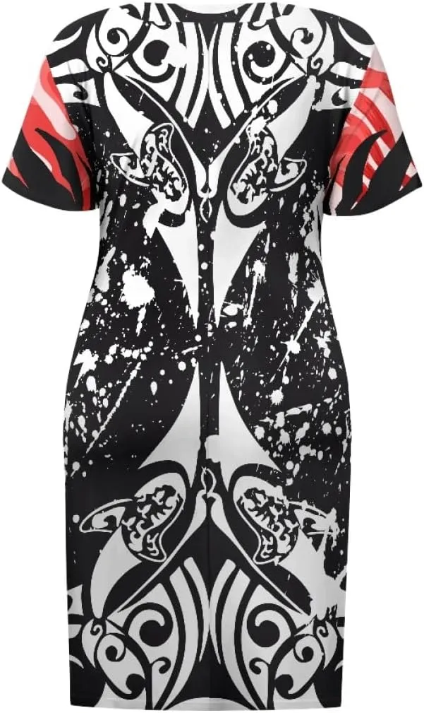 Womens Plus Size Polynesian American Samoa Dress V Neck Short Sleeve Loose Fit Dresses
