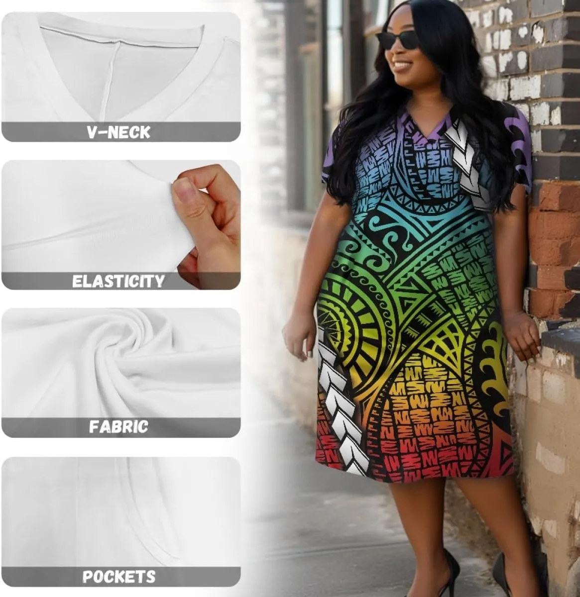 Womens Plus Size Polynesian American Samoa Dress V Neck Short Sleeve Loose Fit Dresses