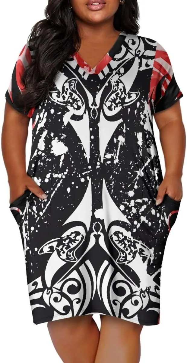 Womens Plus Size Polynesian American Samoa Dress V Neck Short Sleeve Loose Fit Dresses