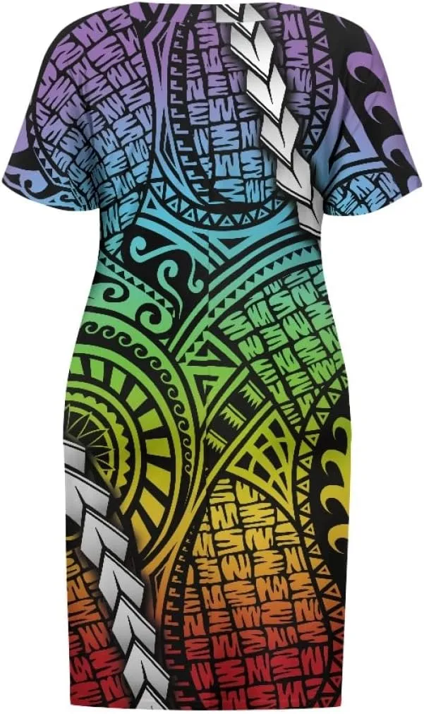 Womens Plus Size Polynesian American Samoa Dress V Neck Short Sleeve Loose Fit Dresses