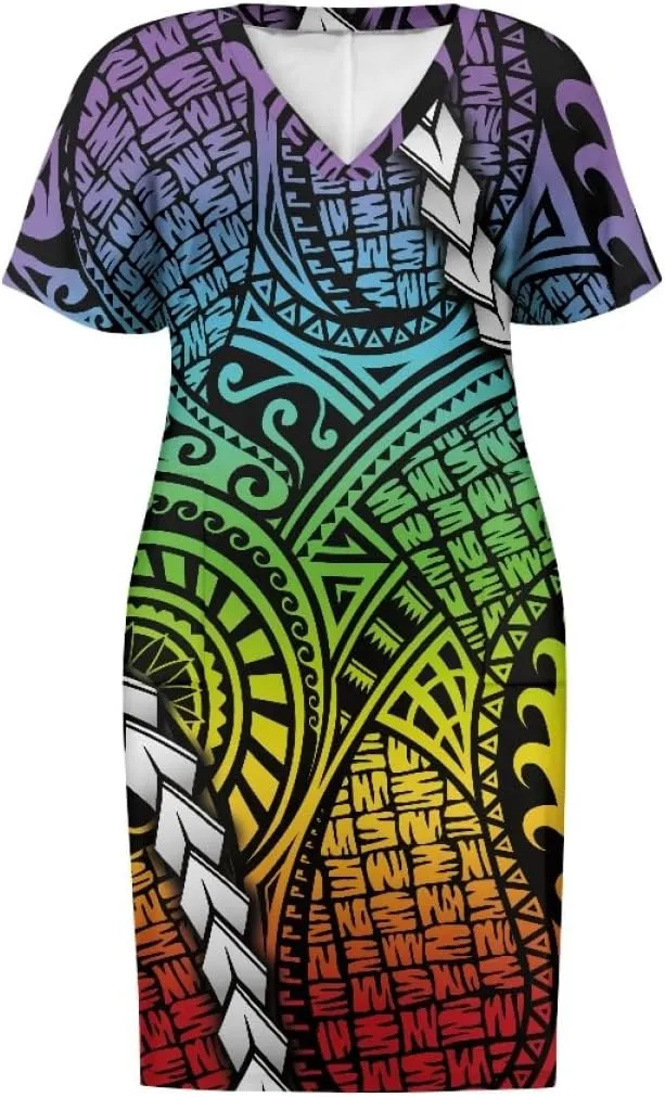 Womens Plus Size Polynesian American Samoa Dress V Neck Short Sleeve Loose Fit Dresses