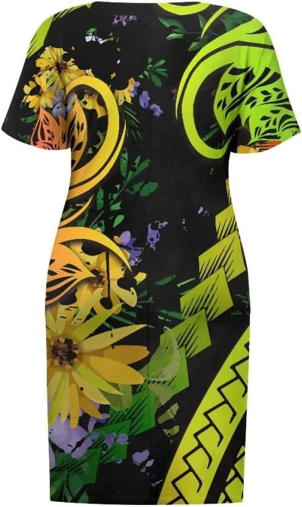 Womens Plus Size Polynesian American Samoa Dress V Neck Short Sleeve Loose Fit Dresses