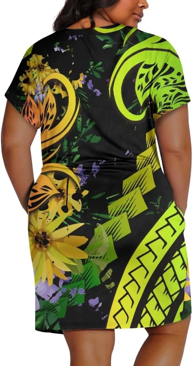 Womens Plus Size Polynesian American Samoa Dress V Neck Short Sleeve Loose Fit Dresses