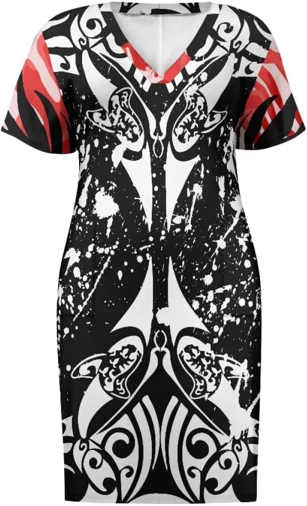 Womens Plus Size Polynesian American Samoa Dress V Neck Short Sleeve Loose Fit Dresses