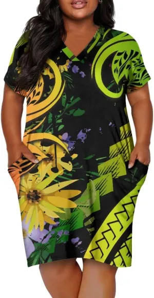 Womens Plus Size Polynesian American Samoa Dress V Neck Short Sleeve Loose Fit Dresses