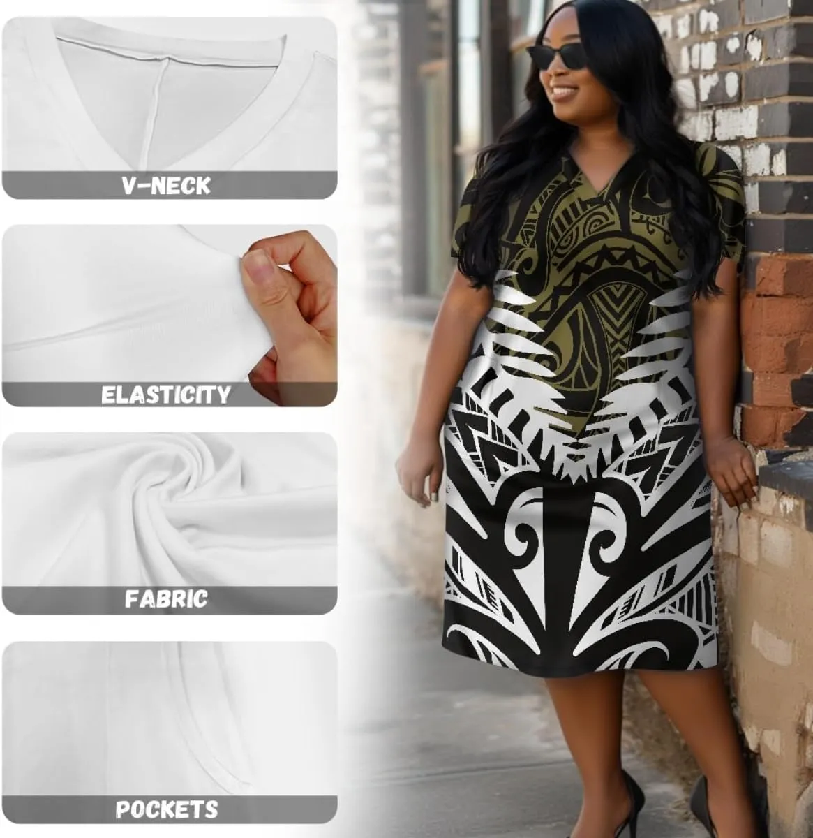 Womens Plus Size Polynesian American Samoa Dress V Neck Short Sleeve Loose Fit Dresses