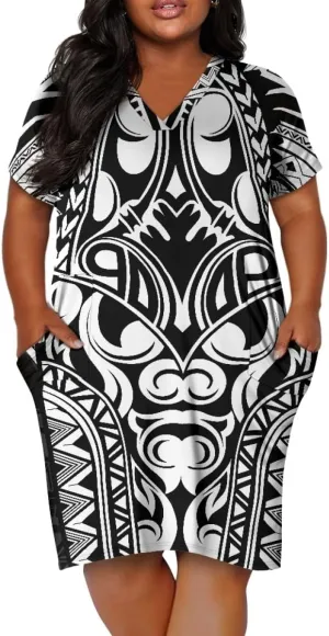 Womens Plus Size Polynesian American Samoa Dress V Neck Short Sleeve Loose Fit Dresses