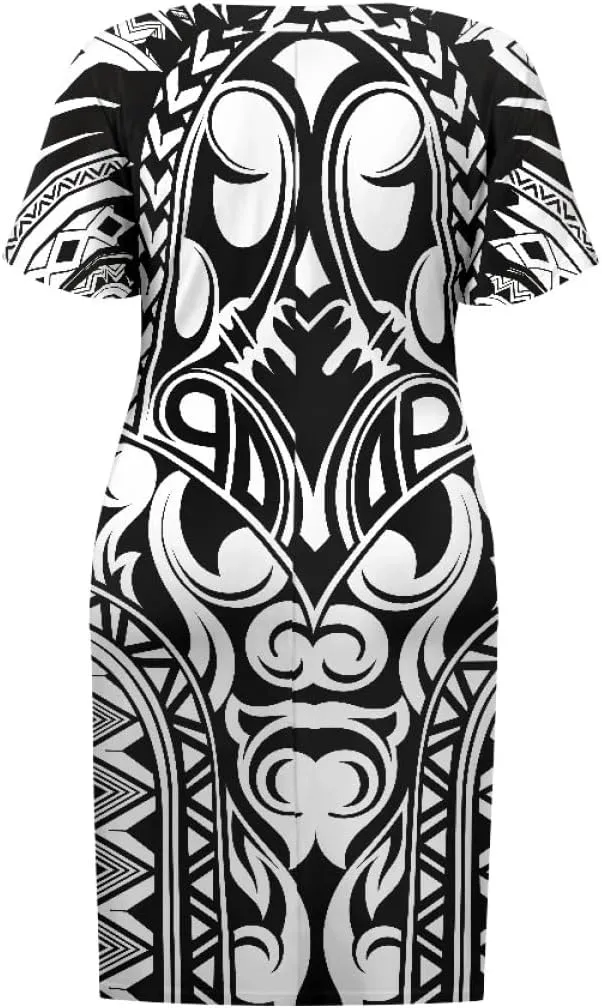 Womens Plus Size Polynesian American Samoa Dress V Neck Short Sleeve Loose Fit Dresses