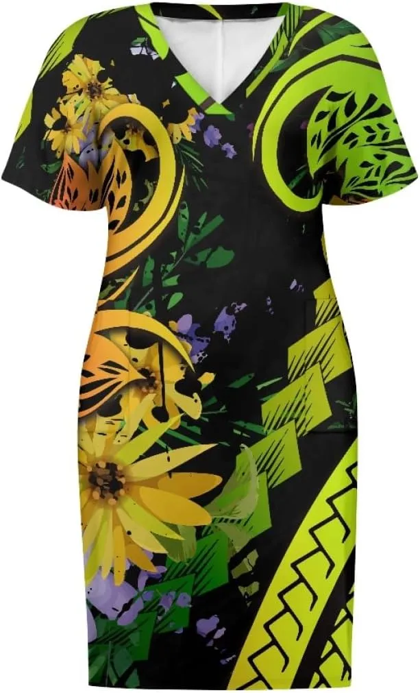 Womens Plus Size Polynesian American Samoa Dress V Neck Short Sleeve Loose Fit Dresses