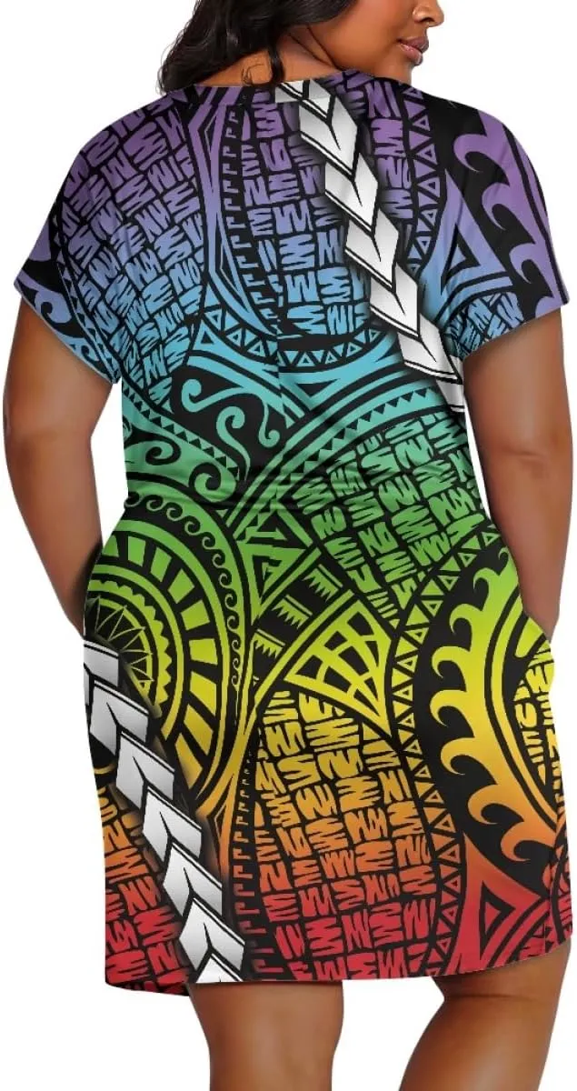Womens Plus Size Polynesian American Samoa Dress V Neck Short Sleeve Loose Fit Dresses