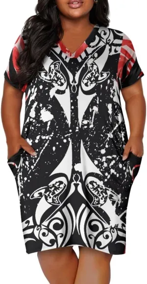Womens Plus Size Polynesian American Samoa Dress V Neck Short Sleeve Loose Fit Dresses
