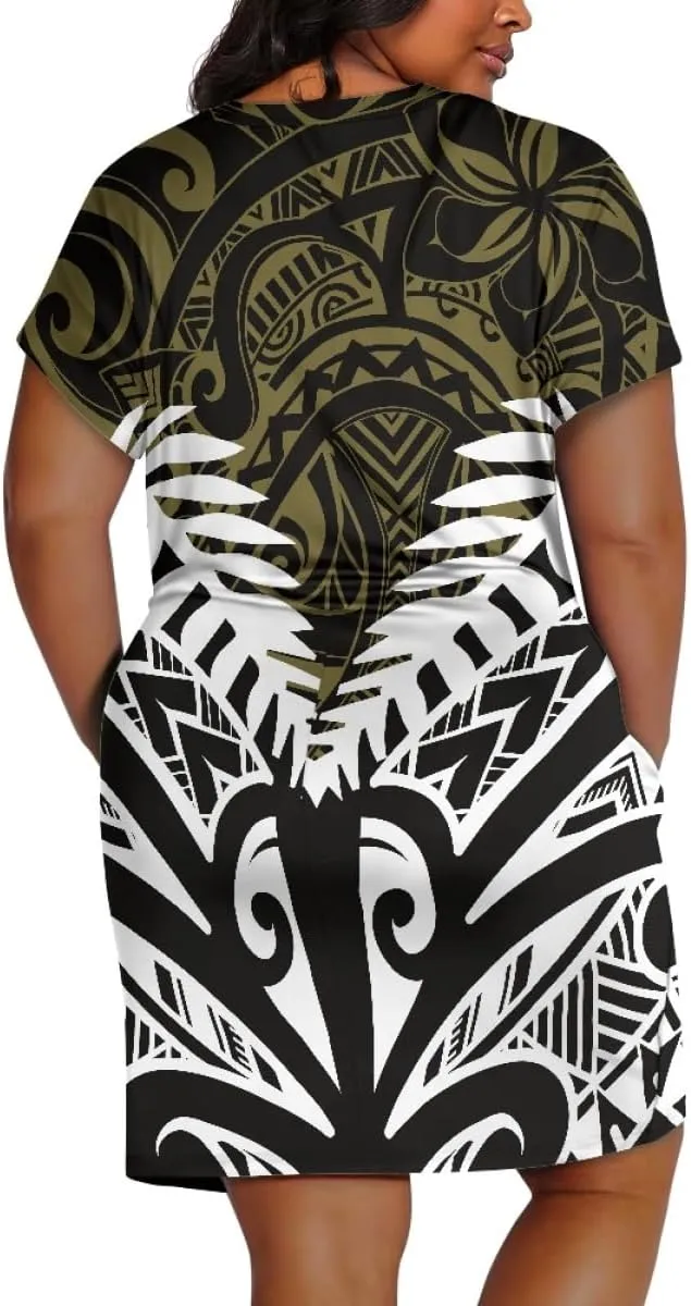 Womens Plus Size Polynesian American Samoa Dress V Neck Short Sleeve Loose Fit Dresses