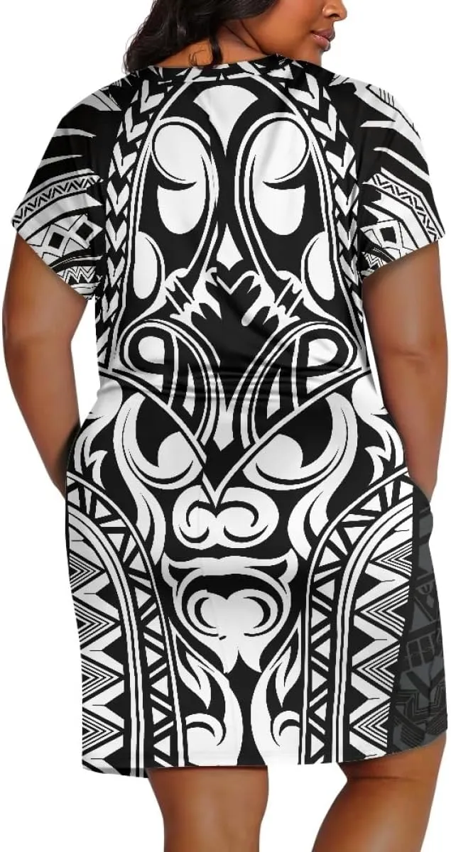 Womens Plus Size Polynesian American Samoa Dress V Neck Short Sleeve Loose Fit Dresses