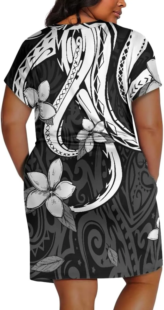 Womens Plus Size Polynesian American Samoa Dress V Neck Short Sleeve Loose Fit Dresses