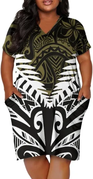Womens Plus Size Polynesian American Samoa Dress V Neck Short Sleeve Loose Fit Dresses