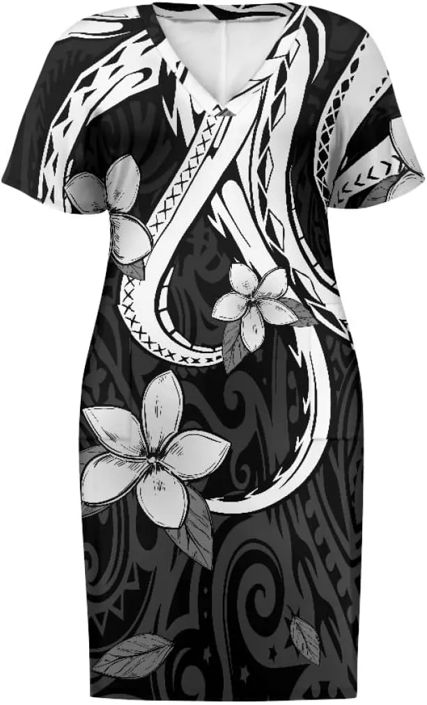 Womens Plus Size Polynesian American Samoa Dress V Neck Short Sleeve Loose Fit Dresses