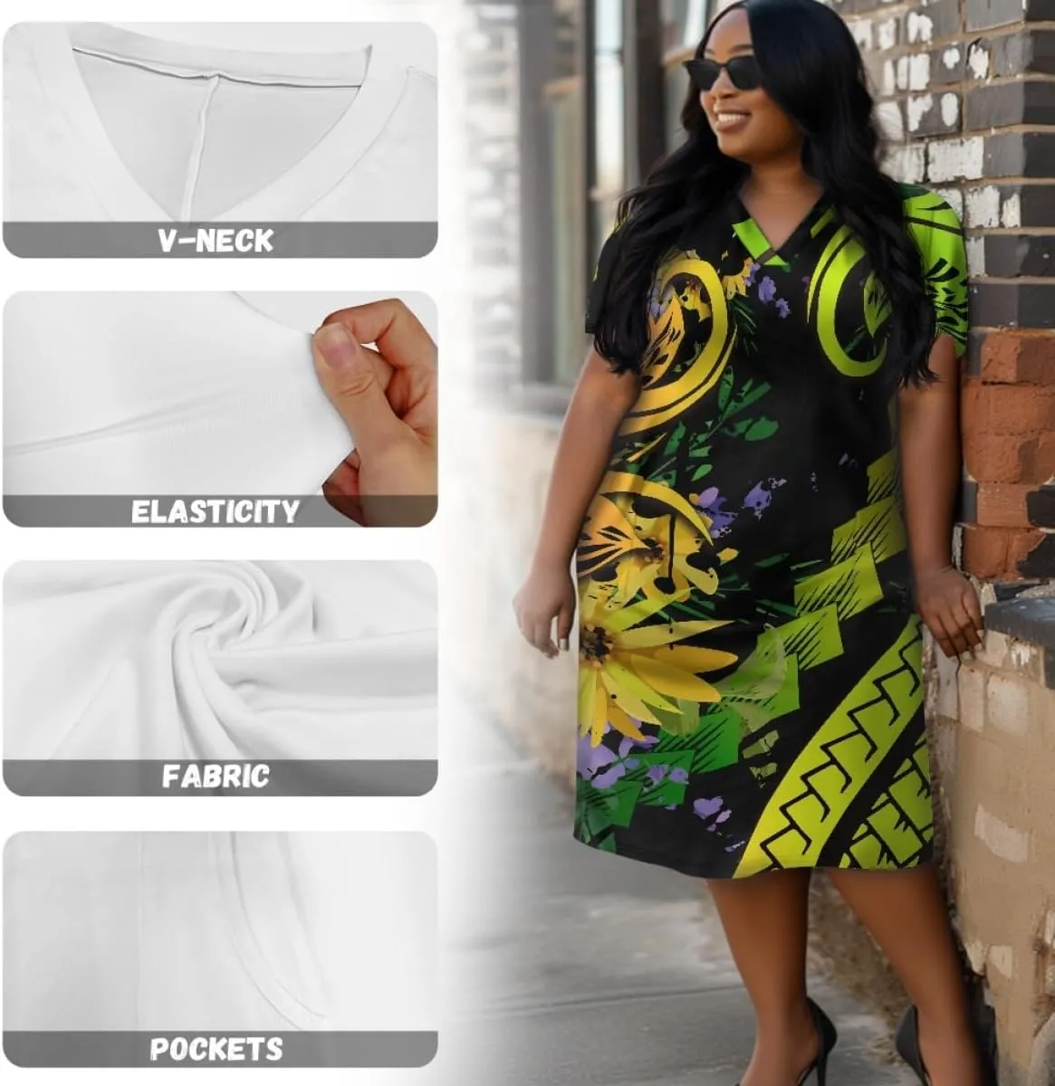 Womens Plus Size Polynesian American Samoa Dress V Neck Short Sleeve Loose Fit Dresses