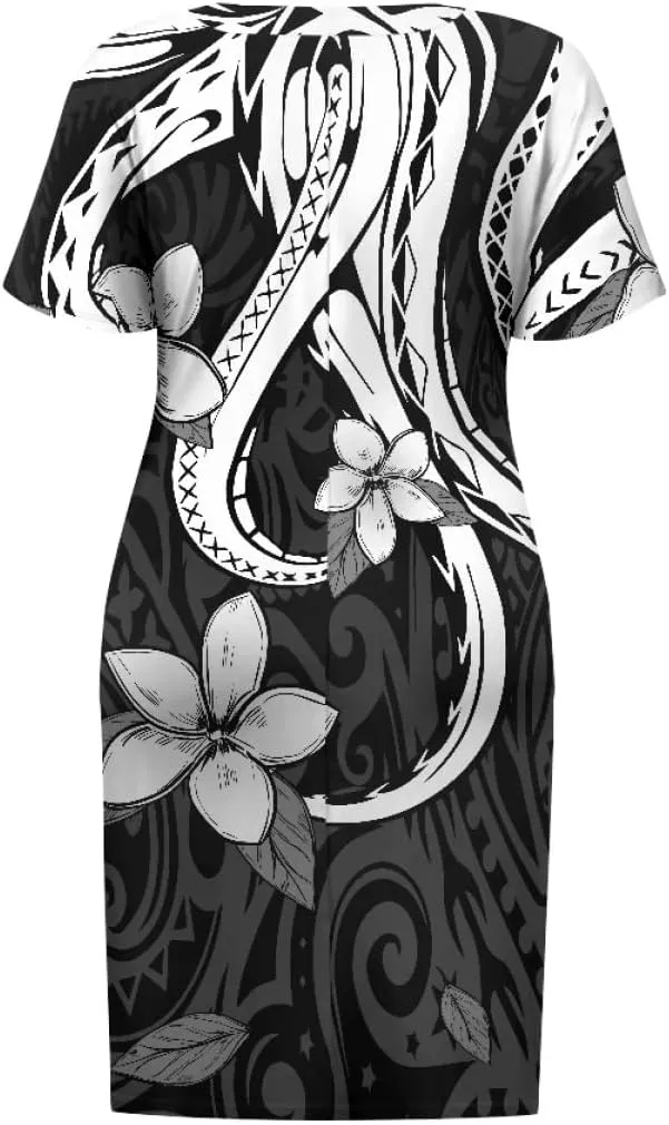 Womens Plus Size Polynesian American Samoa Dress V Neck Short Sleeve Loose Fit Dresses