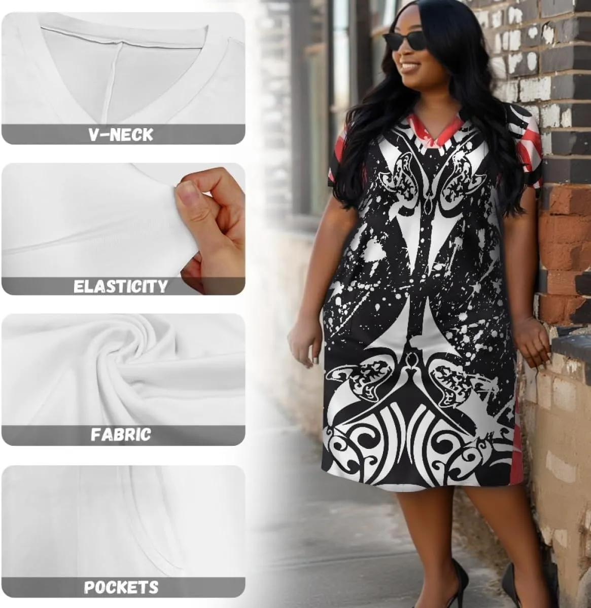 Womens Plus Size Polynesian American Samoa Dress V Neck Short Sleeve Loose Fit Dresses