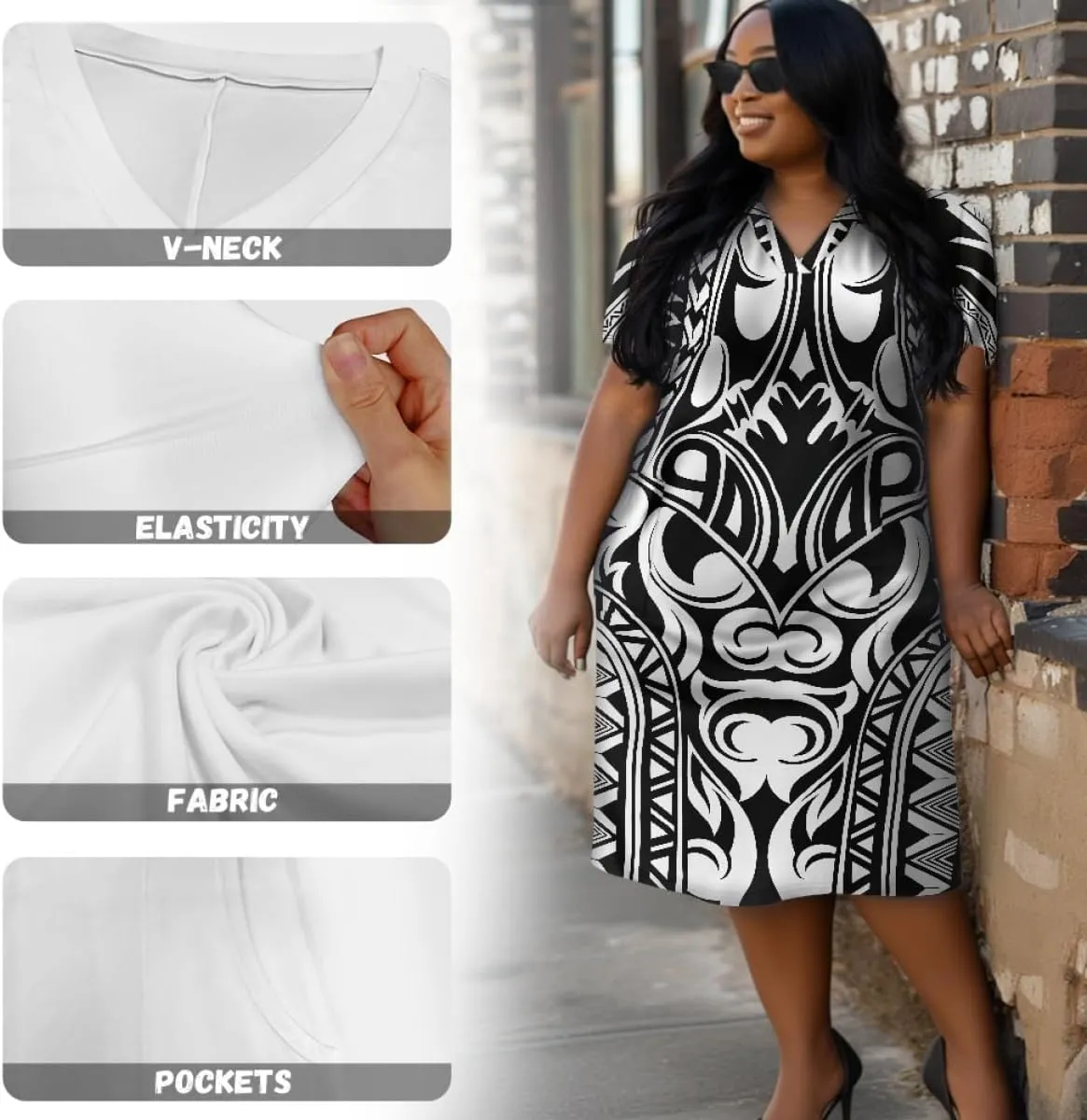 Womens Plus Size Polynesian American Samoa Dress V Neck Short Sleeve Loose Fit Dresses